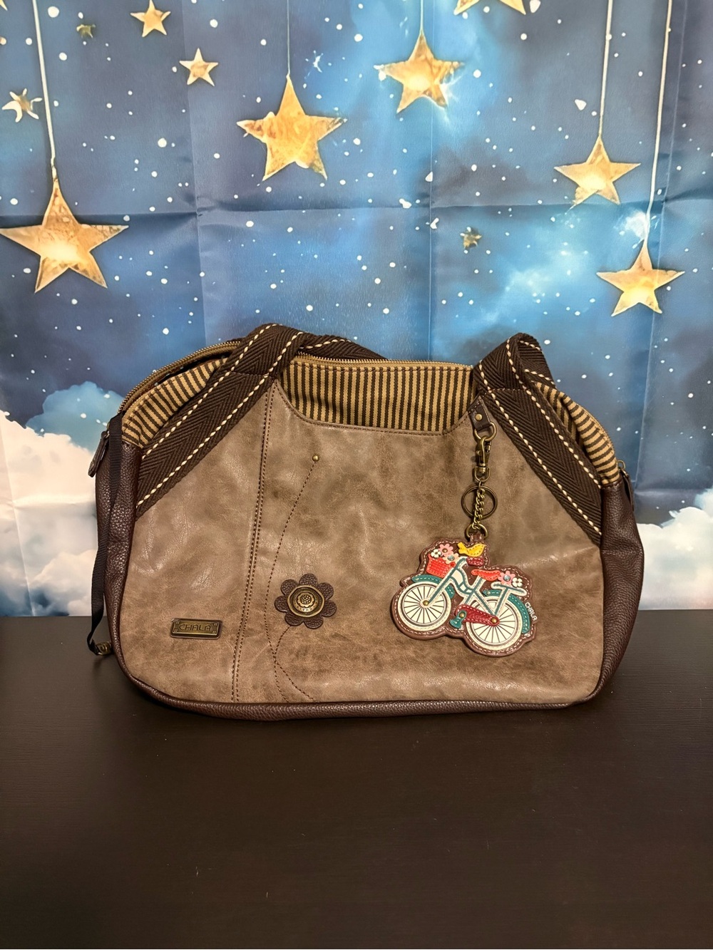 Chala large bowling bag style vegan leather with bicycle themed charm EUC